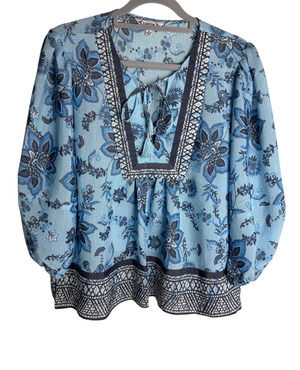 Nanette Lepore Blue Floral Peasant Top Tassel Tie Neck Puff Sleeve Womens M